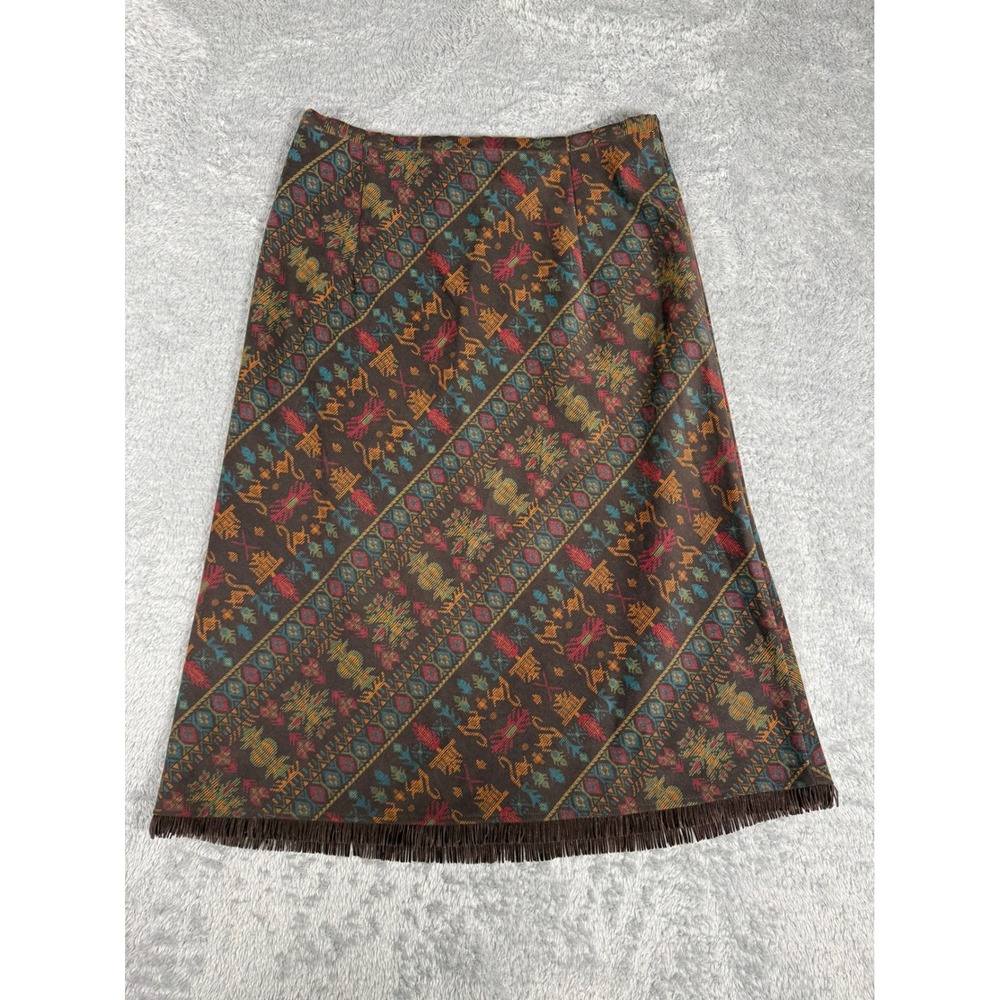 Sharon Young Fringe Midi Skirt Women Size 6 Brown Southwestern Boho Geometric 29